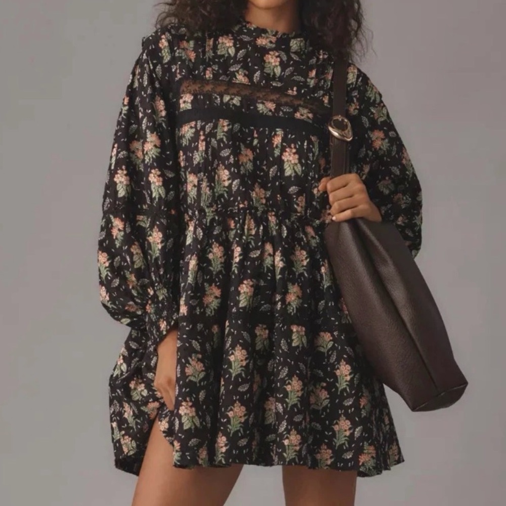 Anthropologie Black Floral Swing Mini Dress